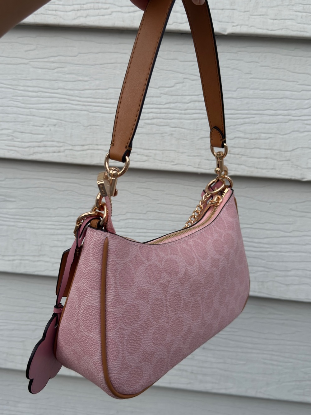 COACH Pink Teri Charm Signature Chain Shoulder Bag with Floral Charm - Picture 5 of 9